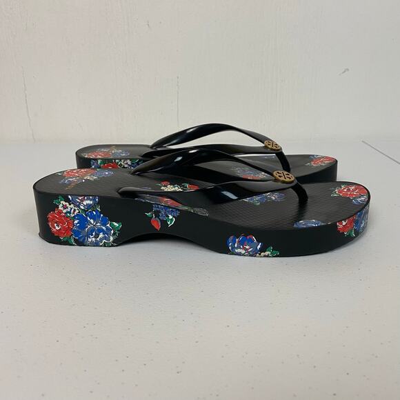 Tory Burch Cut Out Wedge Flip Flop Toe Post Sandals Shoes Black Tea Rose - Picture 2 of 9